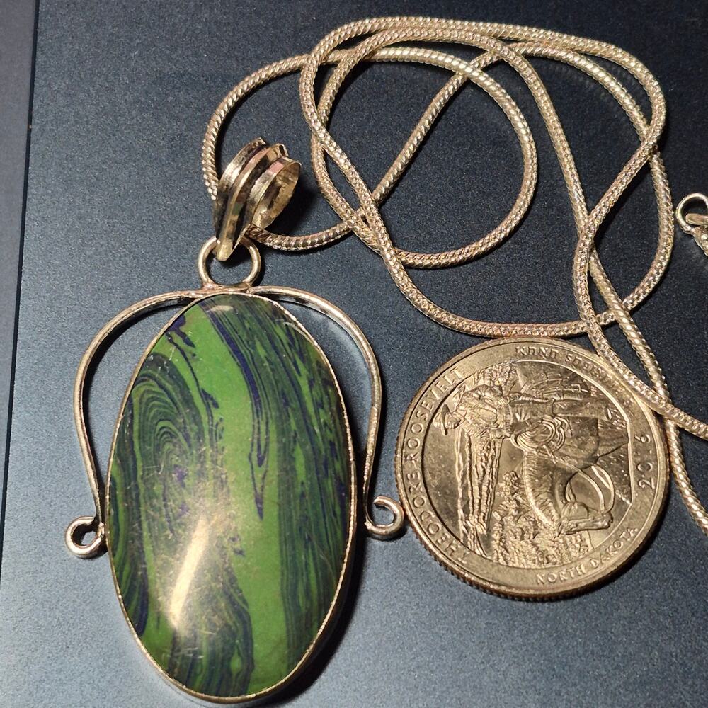 Malachite Pendant Necklace, 2" Handset in .925 Sterling Silver, SS 18" Chain